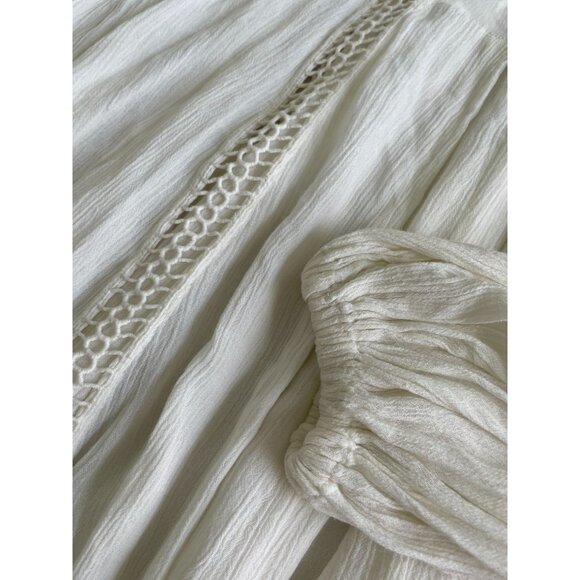 Boho Chic White Tunic Blouse Crochet Detailing & Balloon Sleeves Womens Size L - Picture 9 of 11